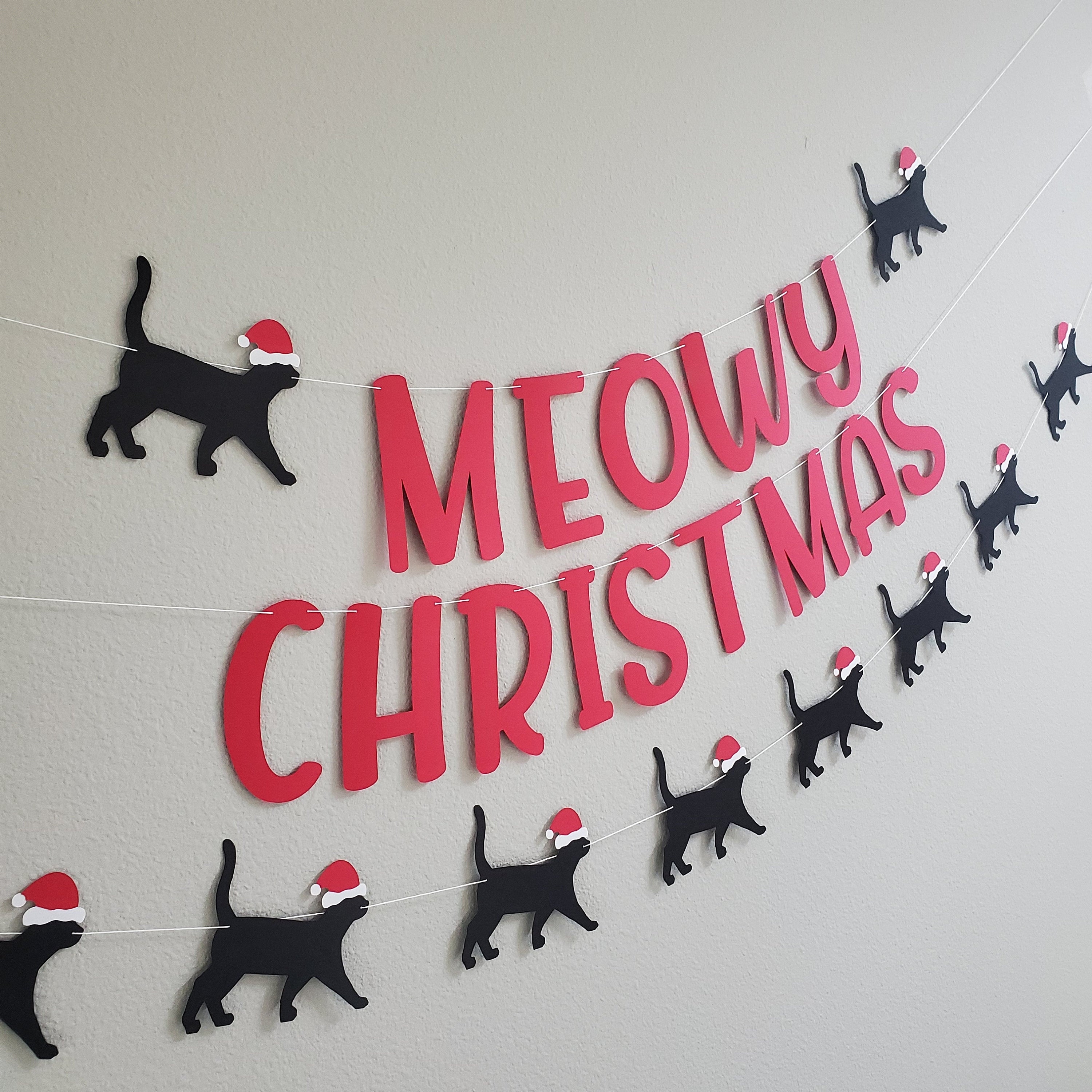 Cat Christmas Garland, Cat Christmas, Meowy Christmas Banner, Christmas Cat Banner, Cat Christmas Banner, Cat with Santa Hat