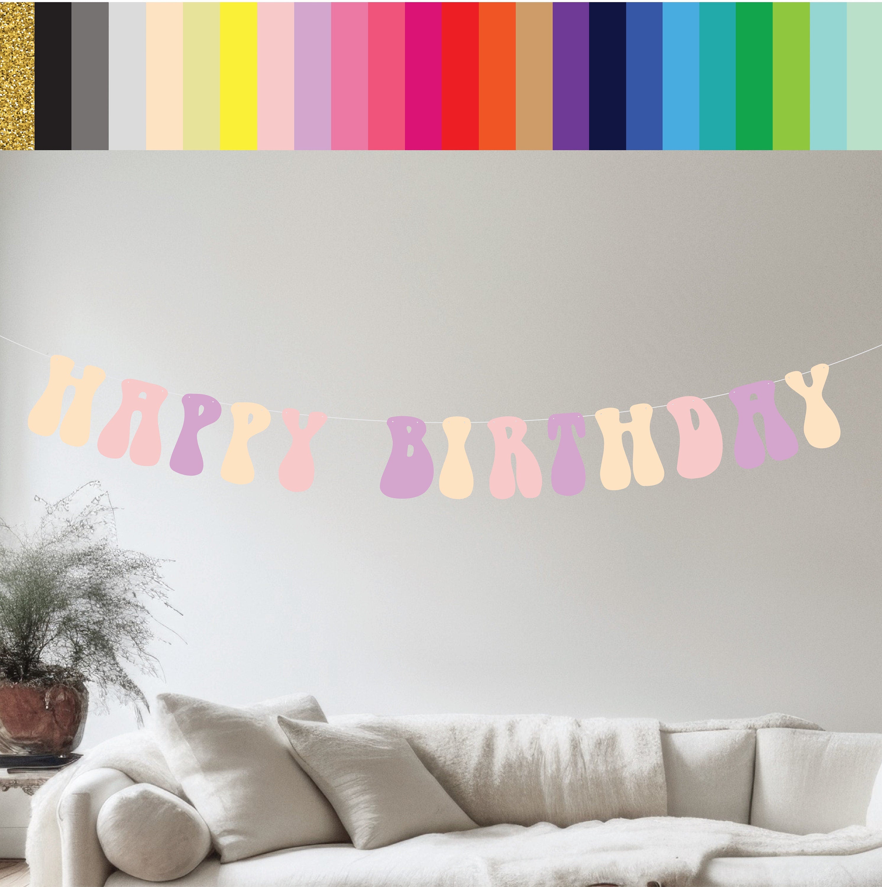 Retro Happy Birthday Banner, Beige and Pink, Beige Pink and Lavender, Custom Birthday Banner, Retro Themed Banner,