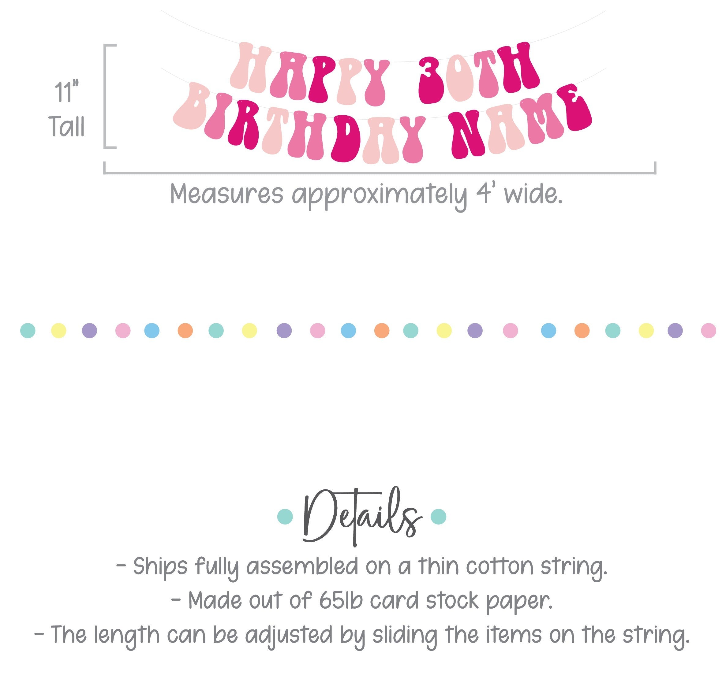 Happy 30th Birthday Banner, Pink Birthday Banner, Pink Party Decorations, Custom Birthday Banner, Retro Themed Banner, Pink Birthday Party