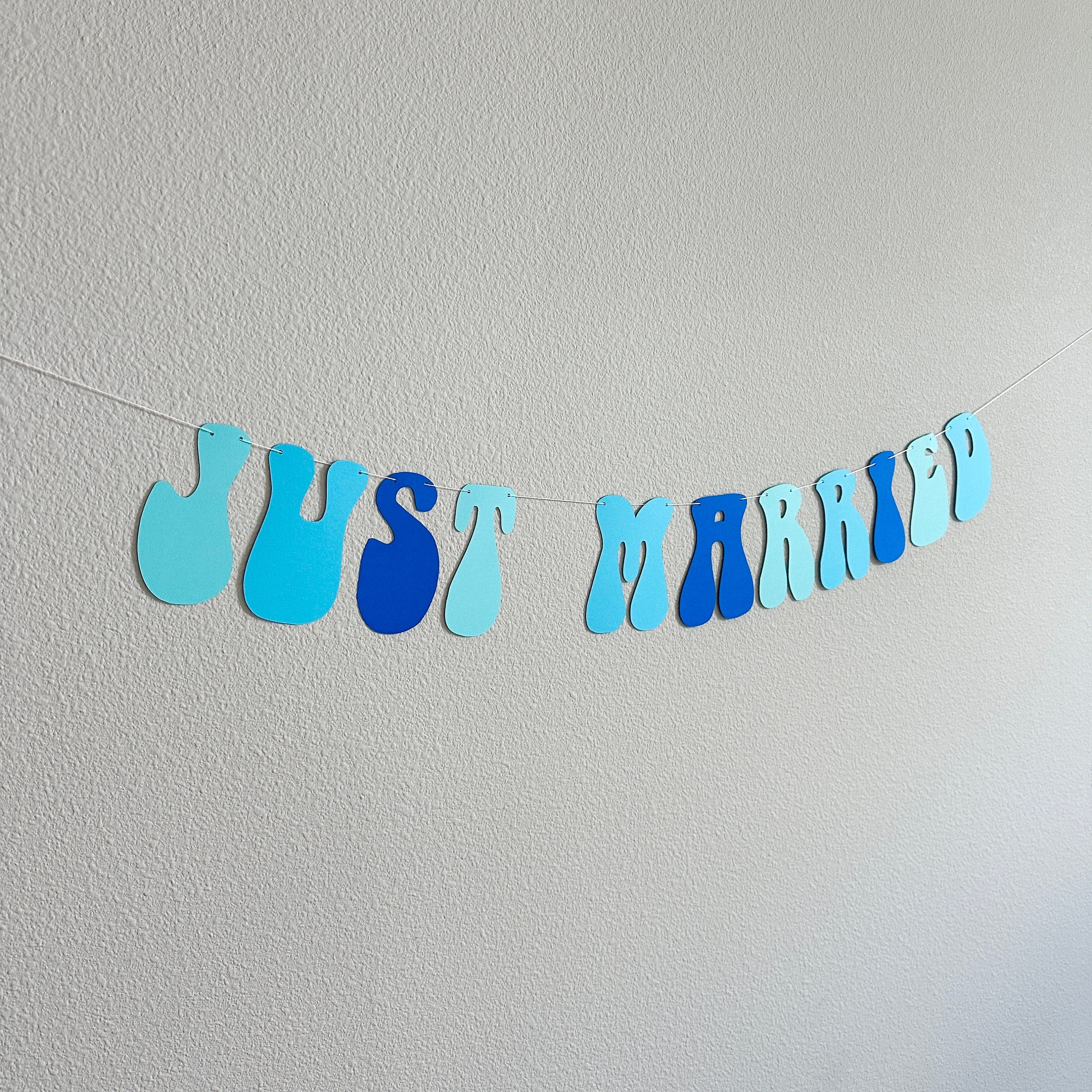 Just Married, Just Married Banner, Just Married Decorations, Just Married Sign, Something Blue Decorations, Retro Wedding Decoration Ideas