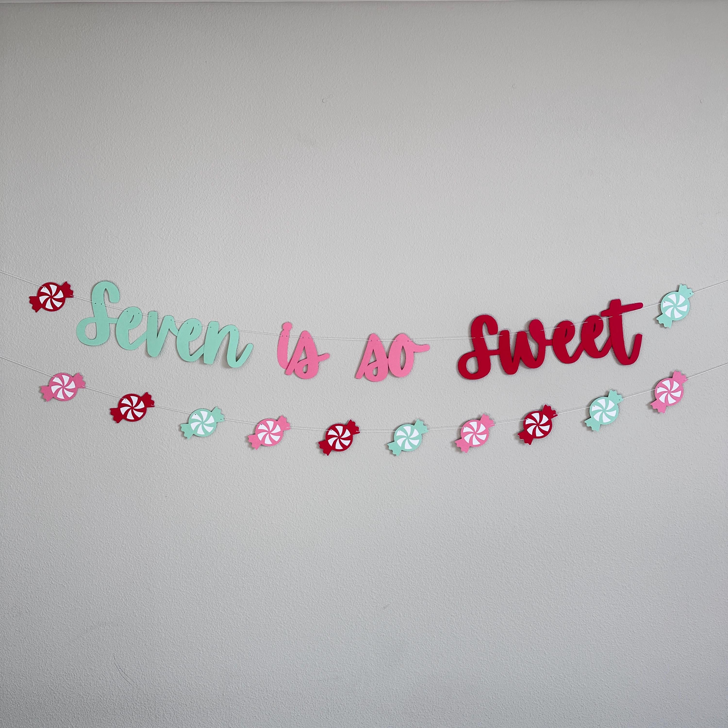 Seven is So Sweet Birthday Banner, Candy Theme Party Decoration, Mint Red Pink Colors, 7th Birthday Party Banner, Sweet Themed Party Decor
