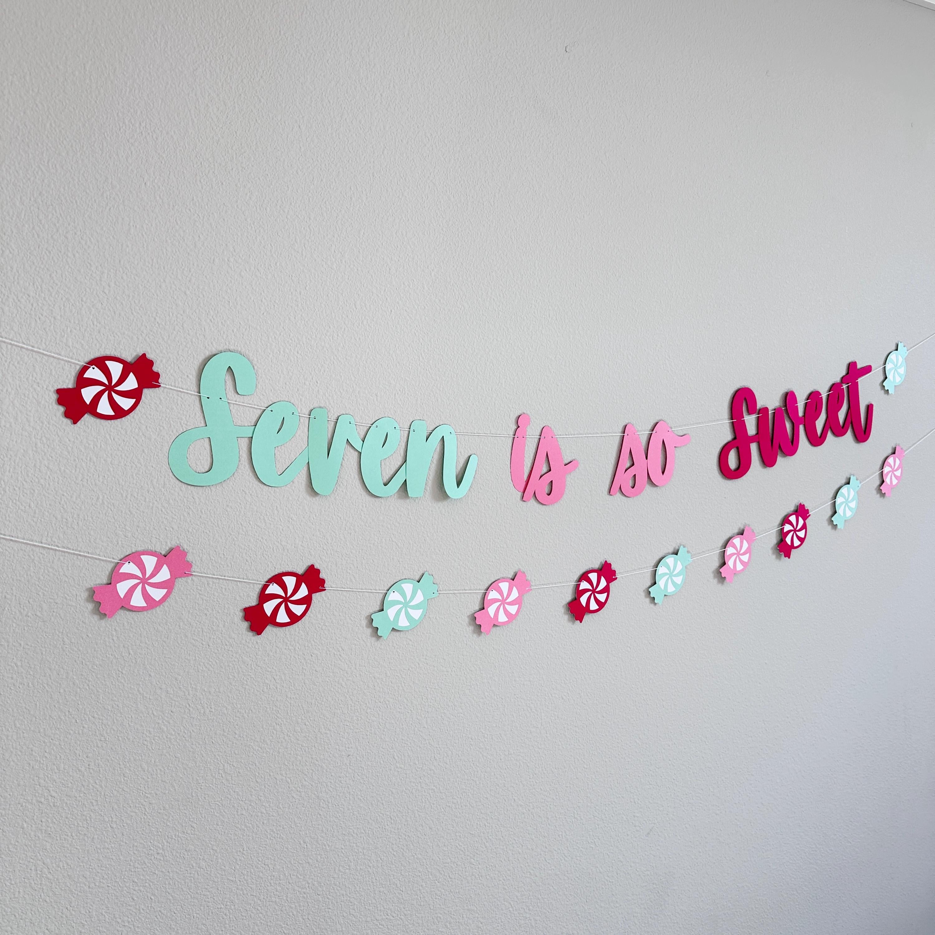 Seven is So Sweet Birthday Banner, Candy Theme Party Decoration, Mint Red Pink Colors, 7th Birthday Party Banner, Sweet Themed Party Decor