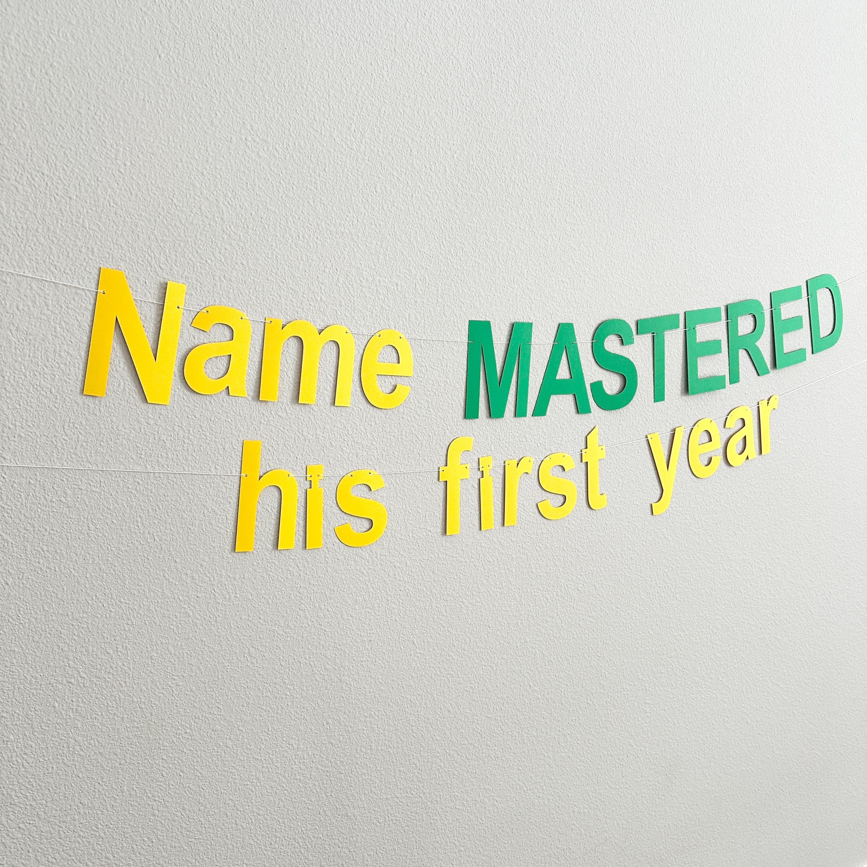 Name MASTERED his first year, 1st Birthday Party Ideas, Boy&#39;s 1st Birthday Decorations, Yellow and Green Birthday Banner