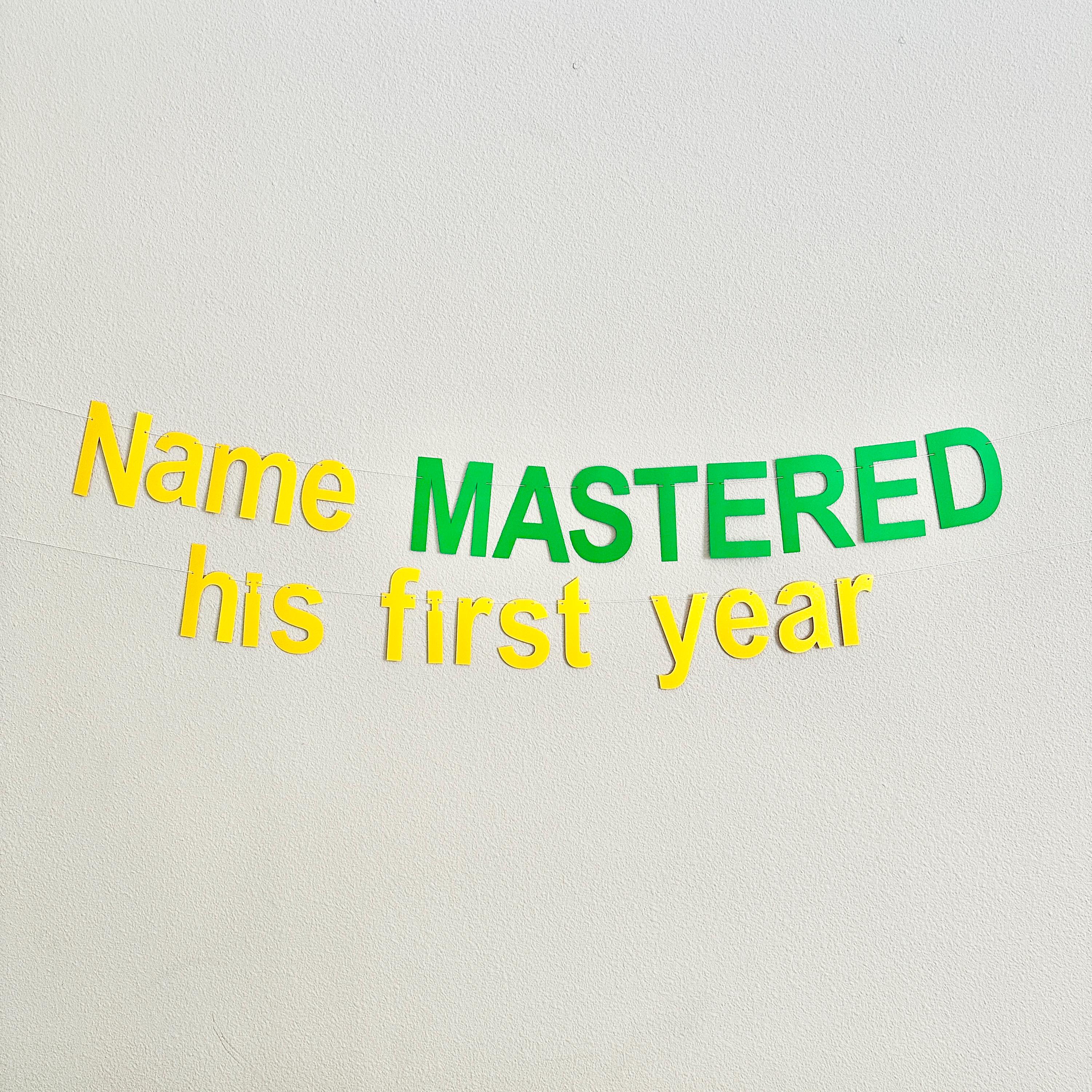 Name MASTERED his first year, 1st Birthday Party Ideas, Boy&#39;s 1st Birthday Decorations, Yellow and Green Birthday Banner