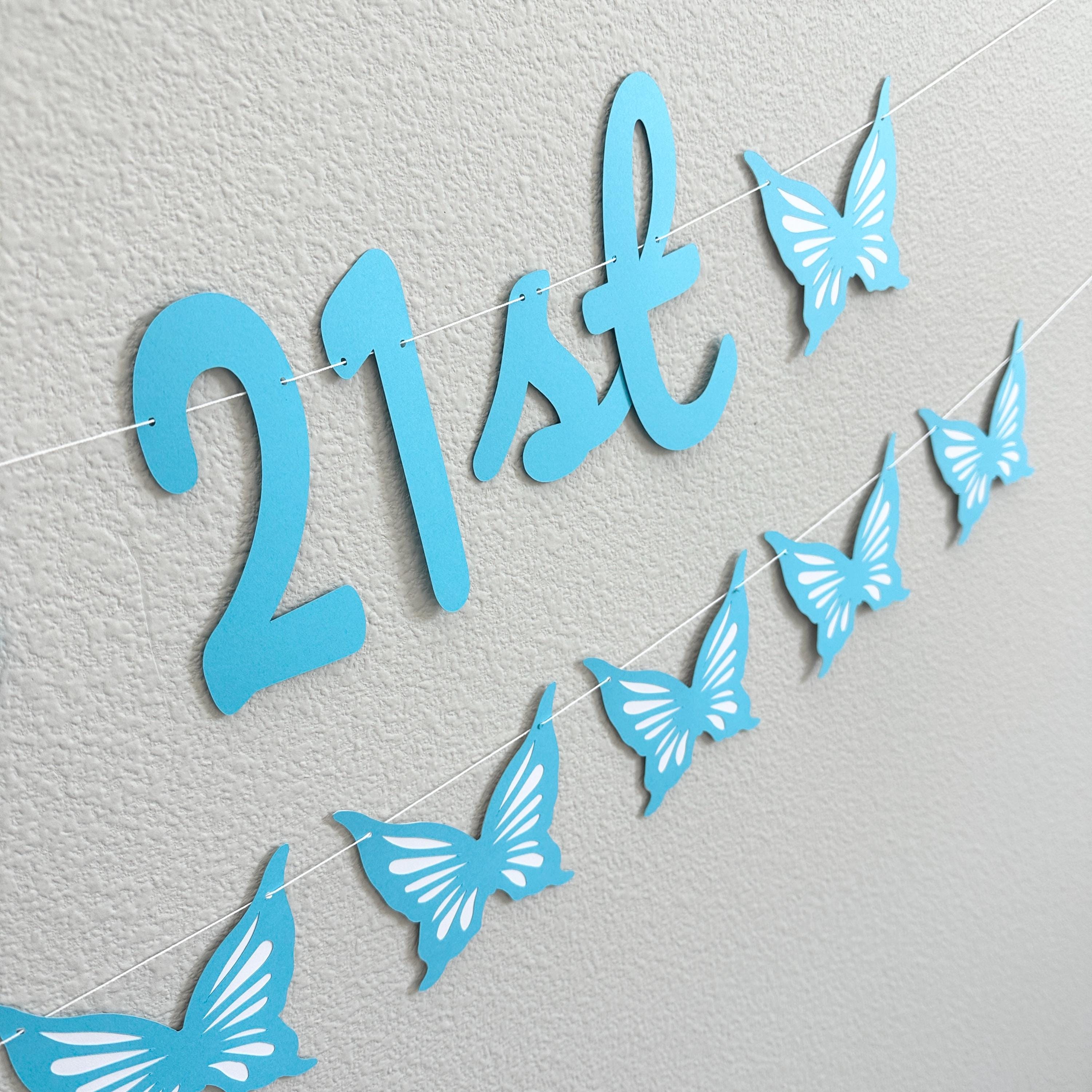 Butterfly 21st birthday Banner, 21st Birthday Party Ideas, Butterfly Birthday Decorations, Blue Butterflies, 21st Birthday Theme Ideas